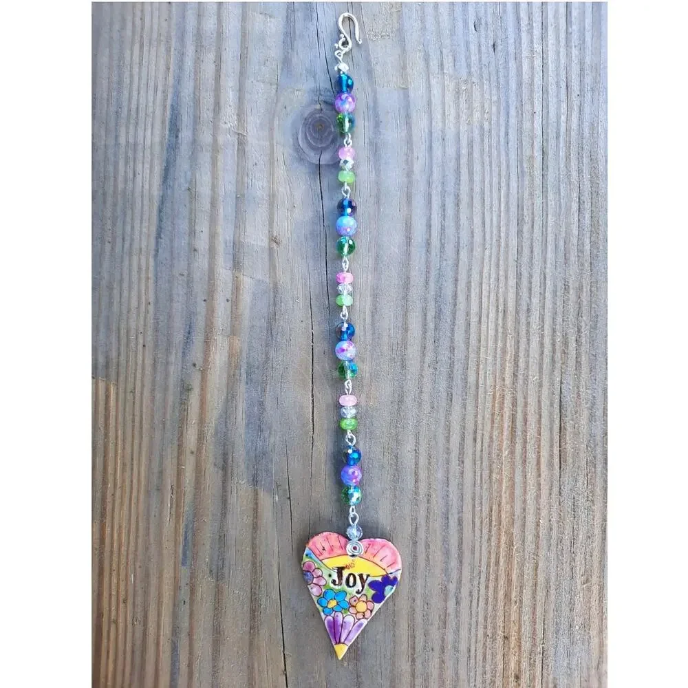 Artisan Ceramic Heart Beaded Suncatcher JOY Vibrant Crystals Diffuser Floral NEW